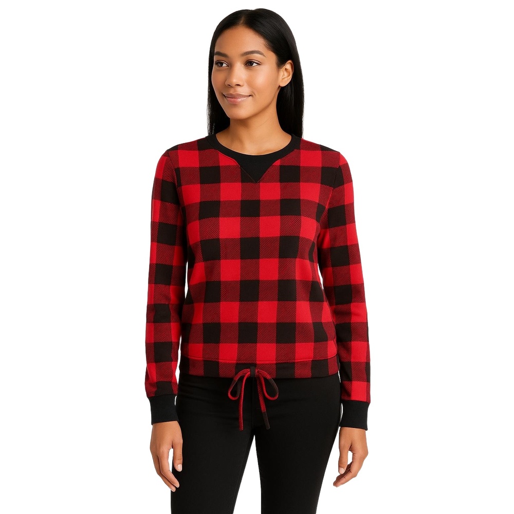 NO BOUNDARIES Red and Black Checkered Crew Neck Sweater Womens Small